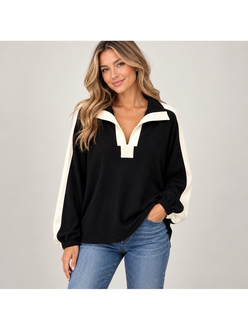 Entro Black Ivory Colorblock Pullover L Collared V Neck Preppy Old Money Coastal